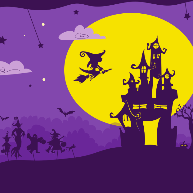 predominately purple and yellow image of a witch flying over a spooky house at halloween